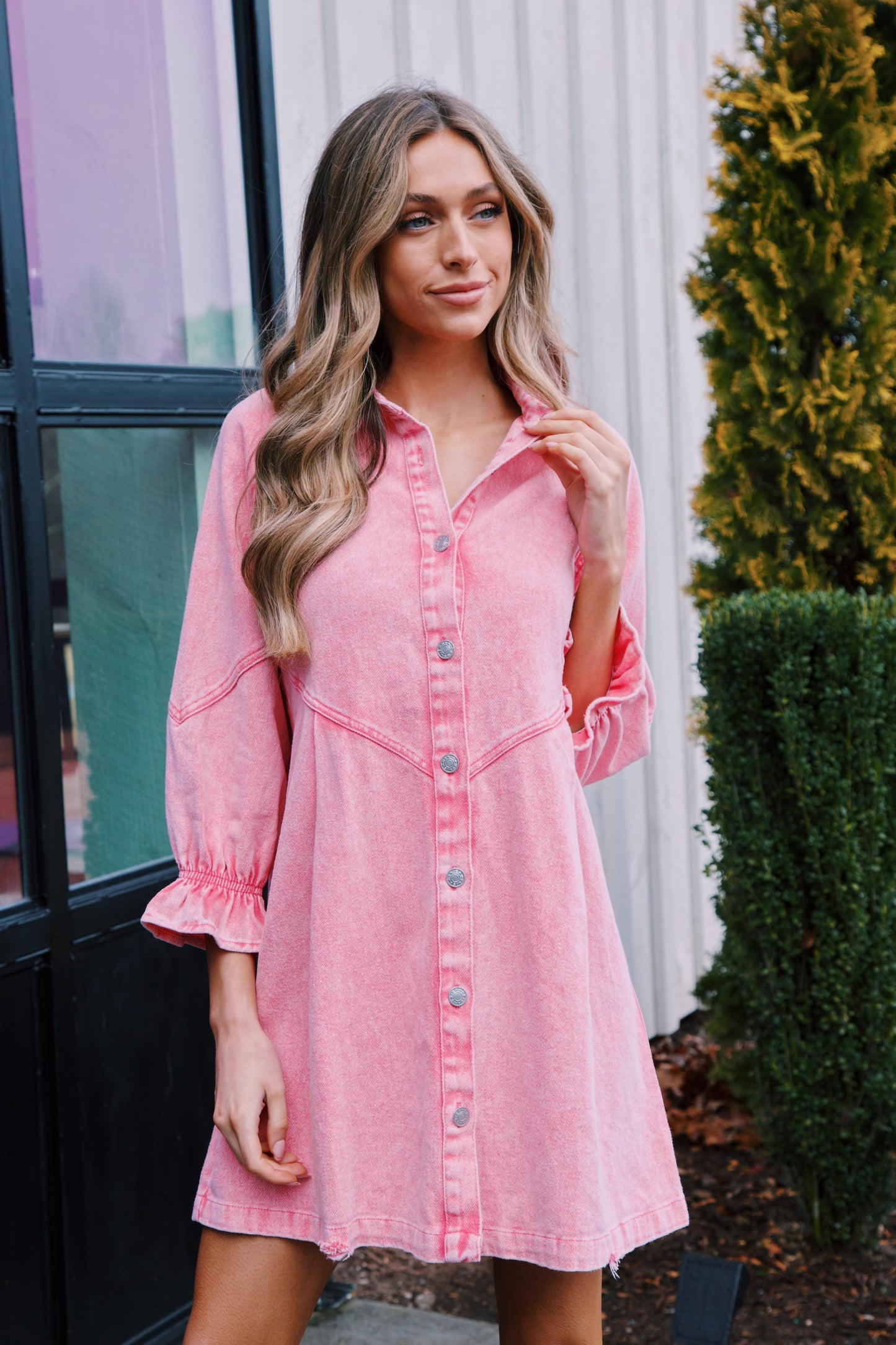 Women's Denim Shirt Dress - Relaxed Fit - Button Down - Three-Quarter Puff Sleeves