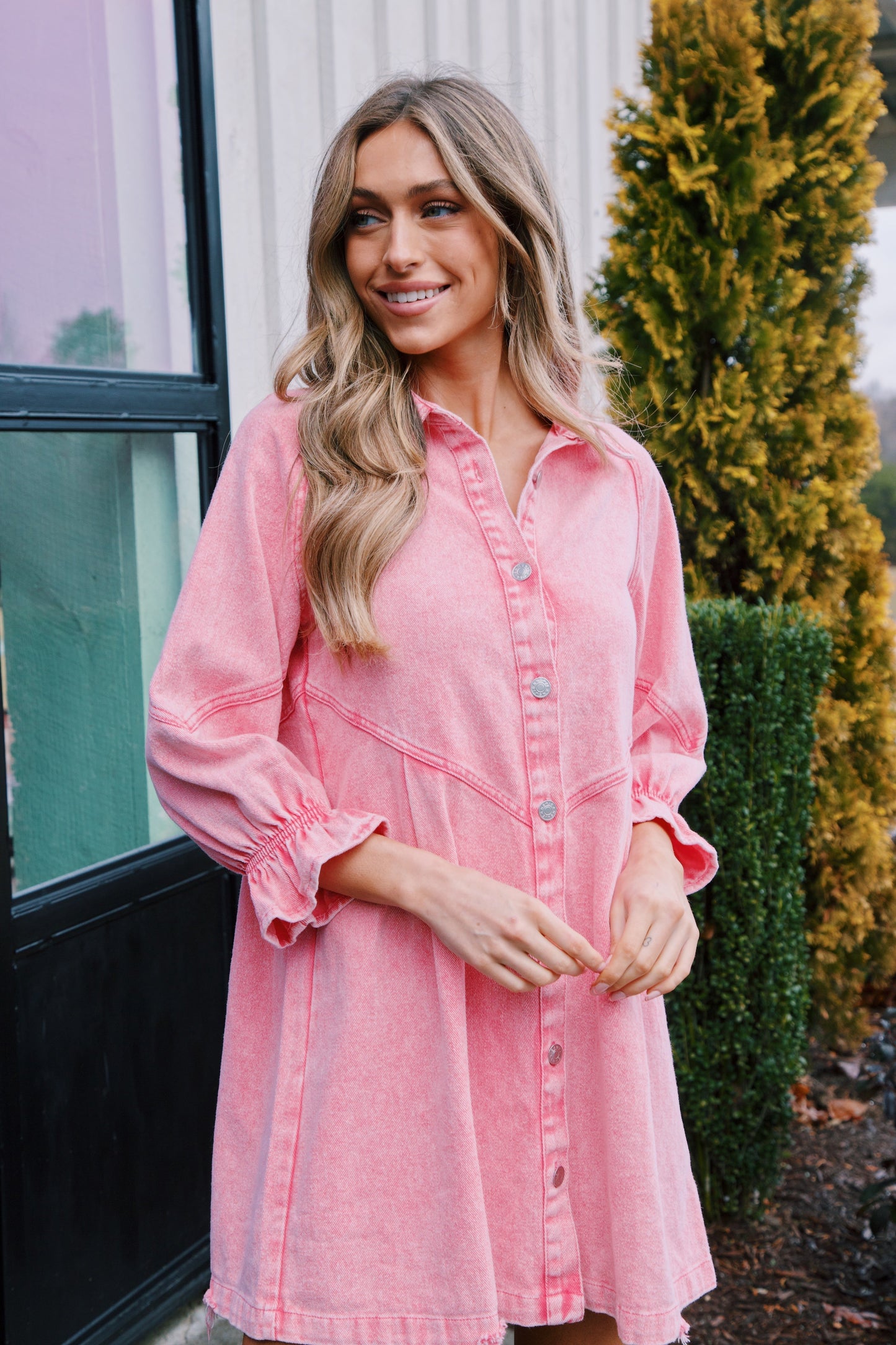 Women's Denim Shirt Dress - Relaxed Fit - Button Down - Three-Quarter Puff Sleeves