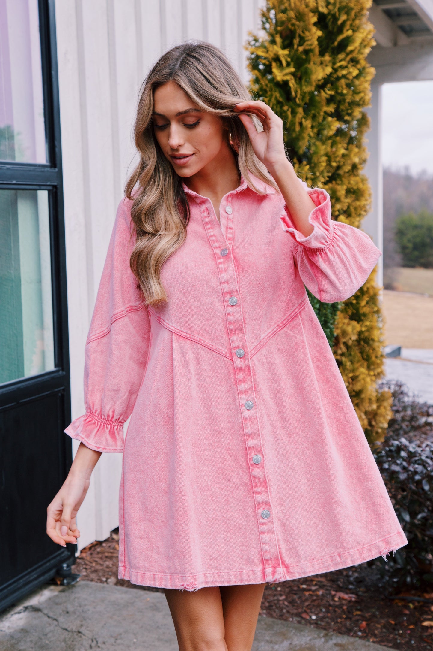 Women's Denim Shirt Dress - Relaxed Fit - Button Down - Three-Quarter Puff Sleeves