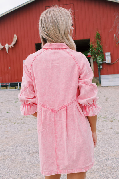 Women's Denim Shirt Dress - Relaxed Fit - Button Down - Three-Quarter Puff Sleeves