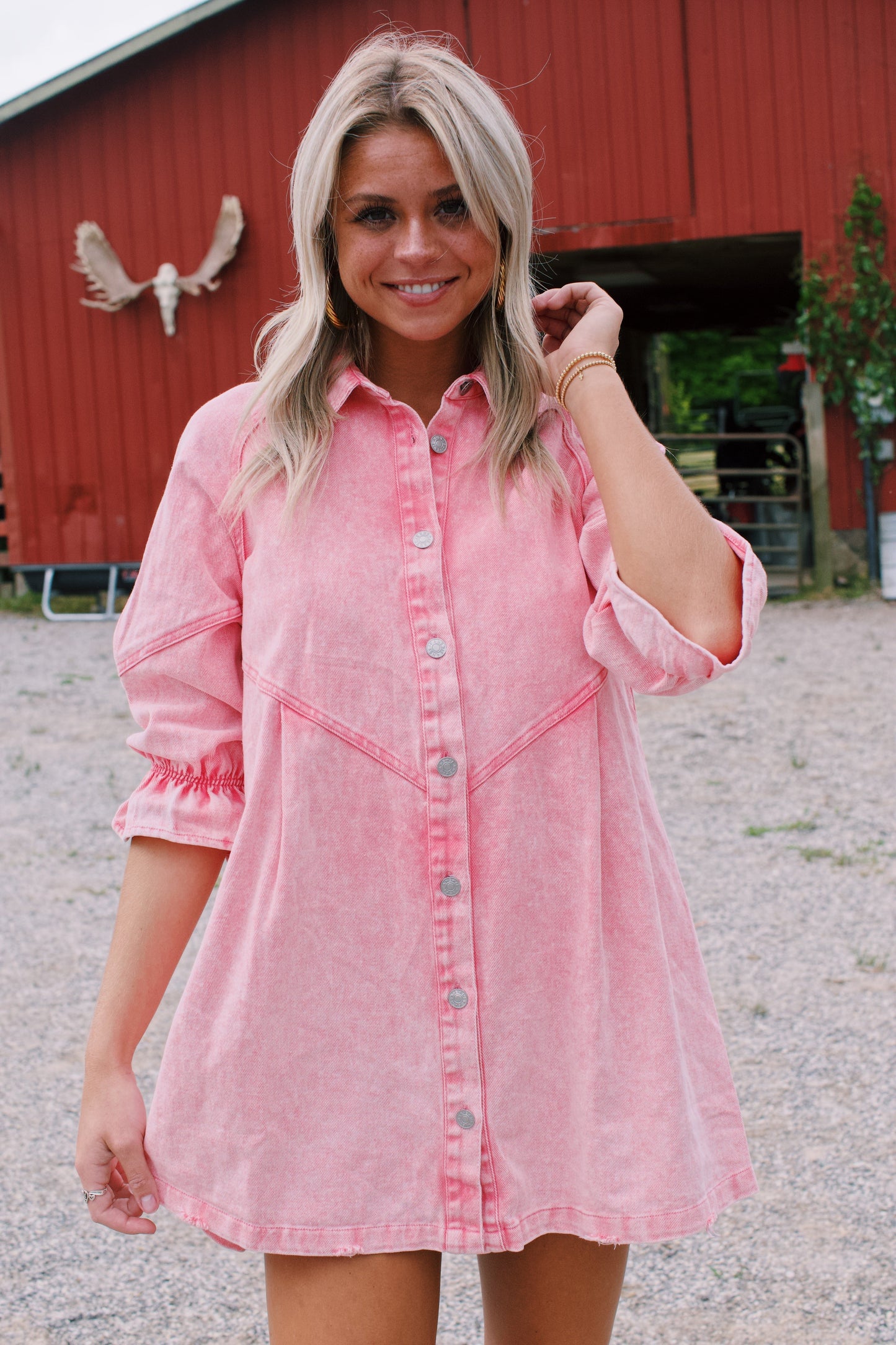 Women's Denim Shirt Dress - Relaxed Fit - Button Down - Three-Quarter Puff Sleeves