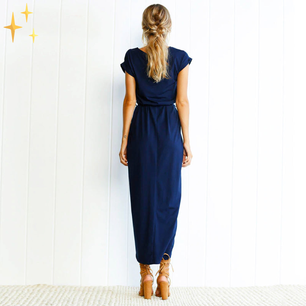 Women's Maxi Dress - Flowy Lightweight Fabric - Short Sleeve with Waist Tie - High Slit Elegant Design