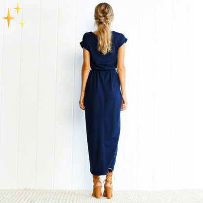 Women's Maxi Dress - Flowy Lightweight Fabric - Short Sleeve with Waist Tie - High Slit Elegant Design