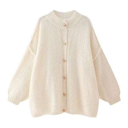 Women’s Knit Cardigan - Oversized Fit - Button-Up - Ribbed Crew Neck - Long Sleeve