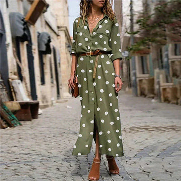 Polka dot maxi dress with lapel collar for women