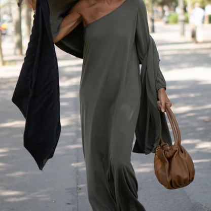 Women's One-Shoulder Maxi Dress - Elegant Flowing Silhouette - Long Sleeve