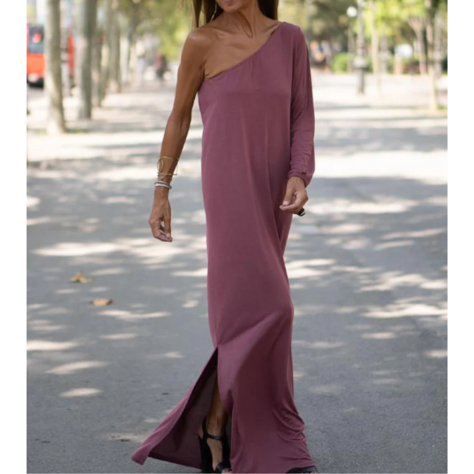 Women's One-Shoulder Maxi Dress - Elegant Flowing Silhouette - Long Sleeve