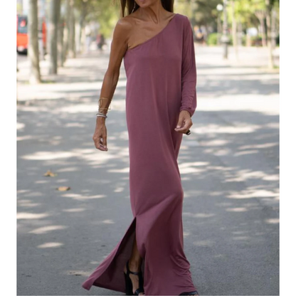 Women's One-Shoulder Maxi Dress - Elegant Flowing Silhouette - Long Sleeve