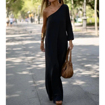 Women's One-Shoulder Maxi Dress - Elegant Flowing Silhouette - Long Sleeve