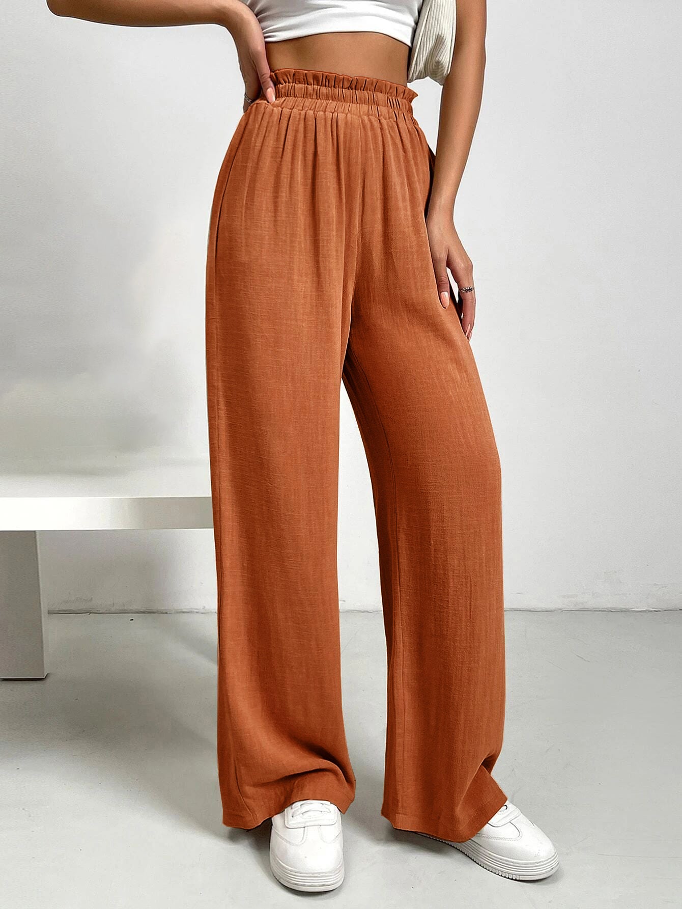 High-Waisted Flowy Elastic Wide-Leg Pants