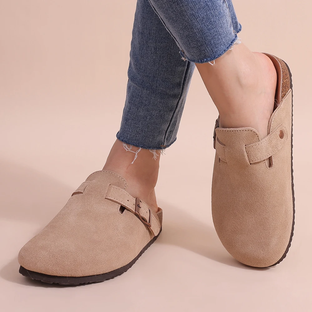 Slip-on mule slippers with adjustable buckle for women