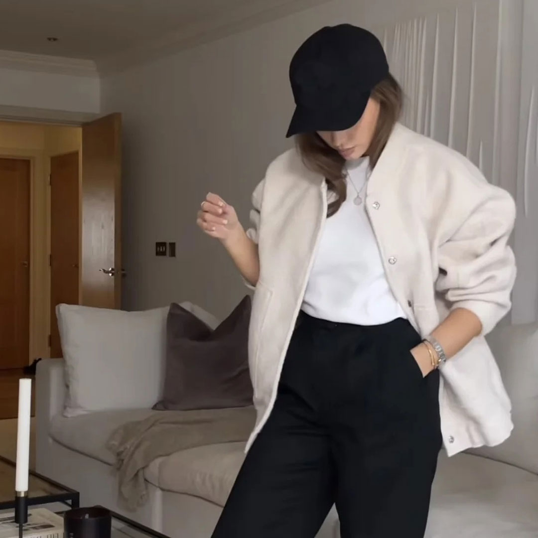 Women’s Bomber Jacket – Oversized Relaxed Fit – Soft Textured Fabric – Collarless Neckline