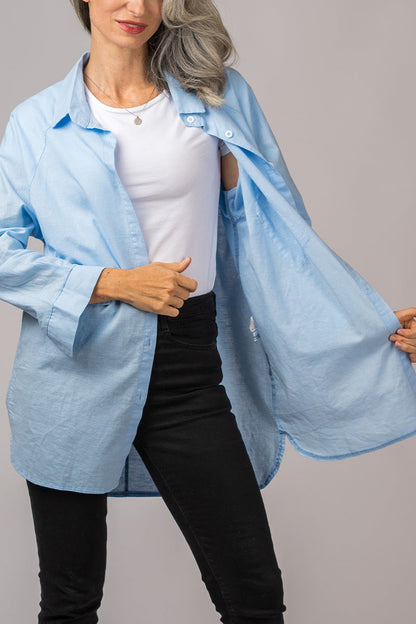 Women's Oversized Button-Down Shirt - Long Sleeve - Relaxed Fit - Mid-Thigh Length