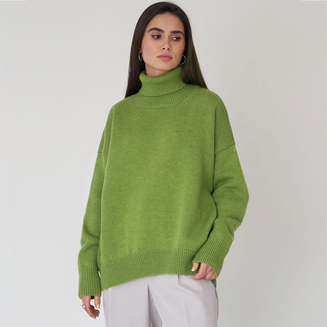 Oversized Wool Knit Ribbed Turtleneck Sweater 