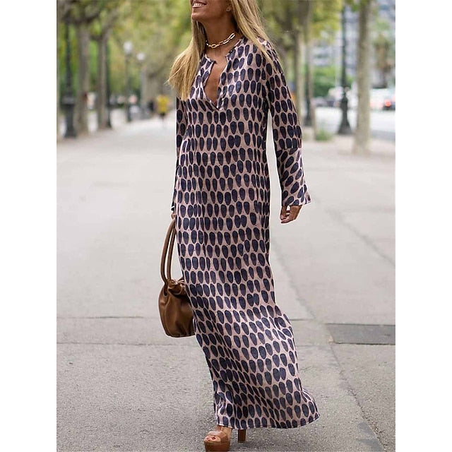 Women's Maxi Dress - V-Neck Long Sleeve - Flowing Loose Fit - Geometric Pattern