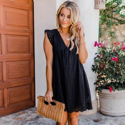 Women's A-Line Dress - V-Neck - Short Flutter Sleeves - Eyelet Pattern - Scalloped Hem