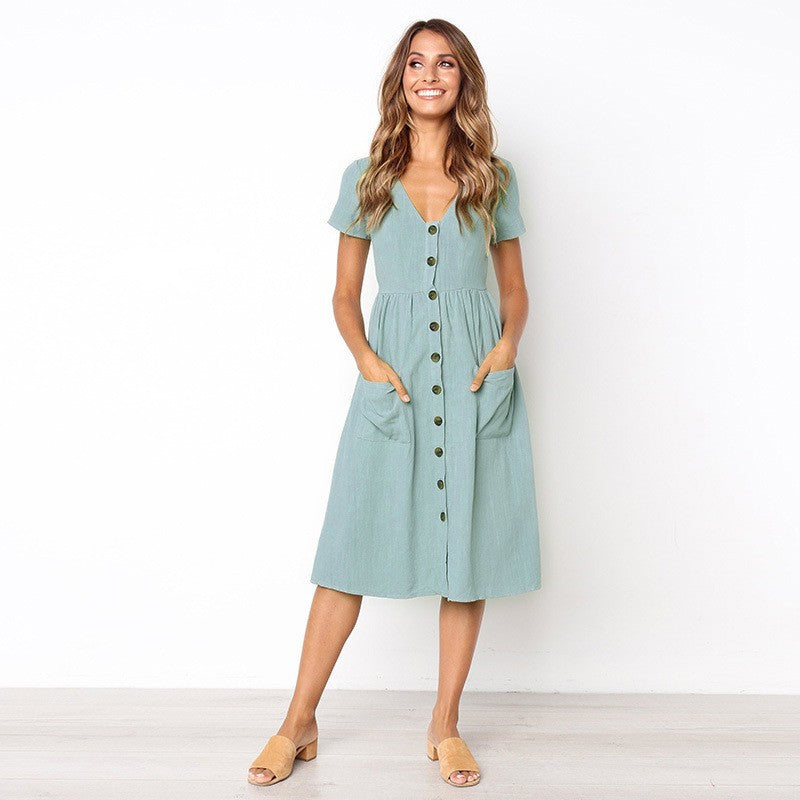 Women's Midi Dress - V-Neck Button Down - Short Sleeve - Casual Fit