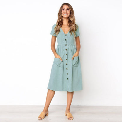 Women's Midi Dress - V-Neck Button Down - Short Sleeve - Casual Fit