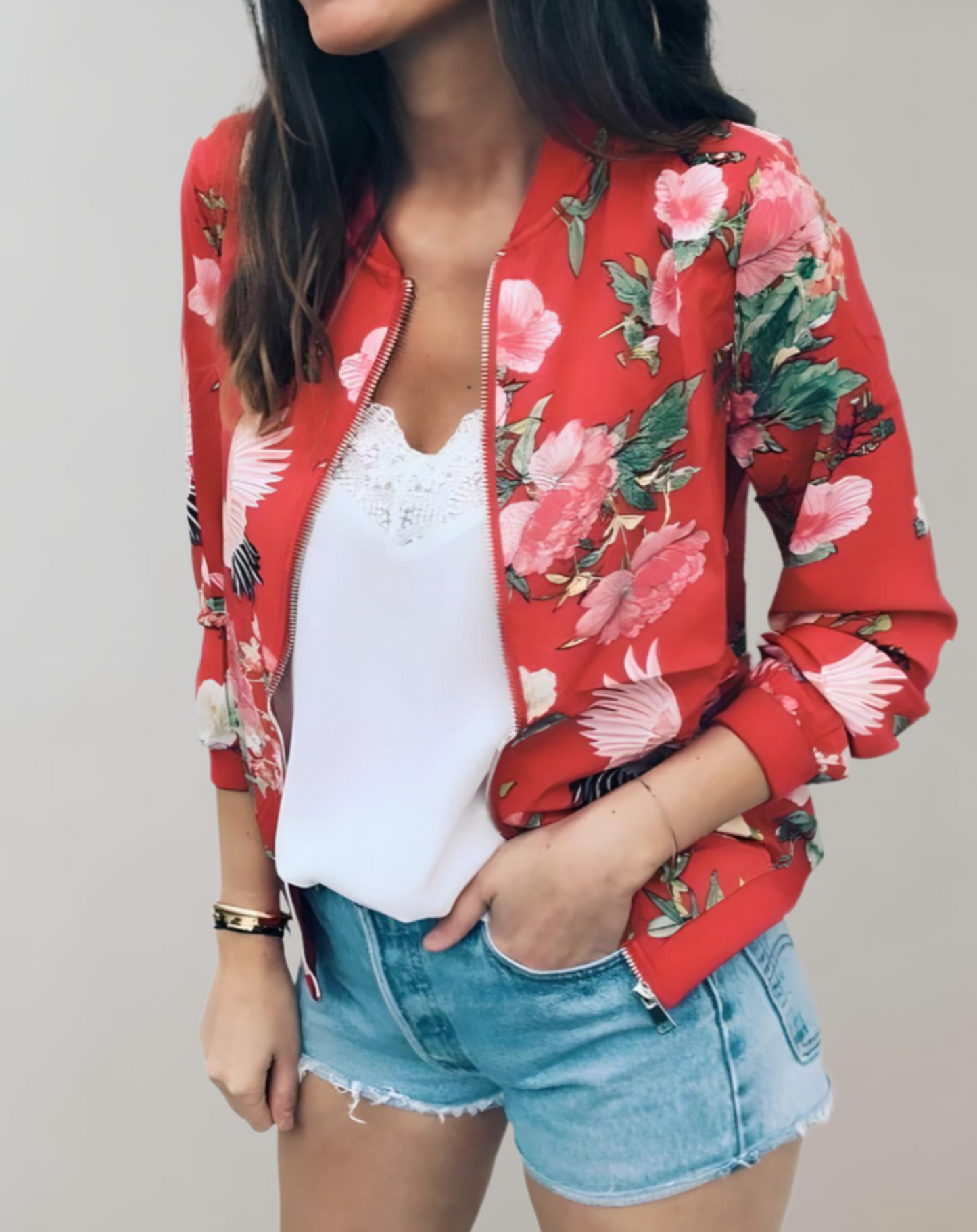 Women’s floral print jacket with short sleeves