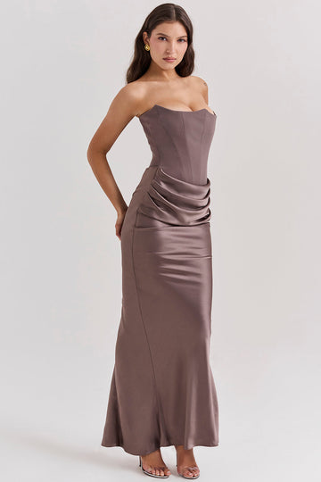 Women’s Strapless Maxi Dress – Satin – Slim Fit – Corset Bodice – Formal Evening Wear
