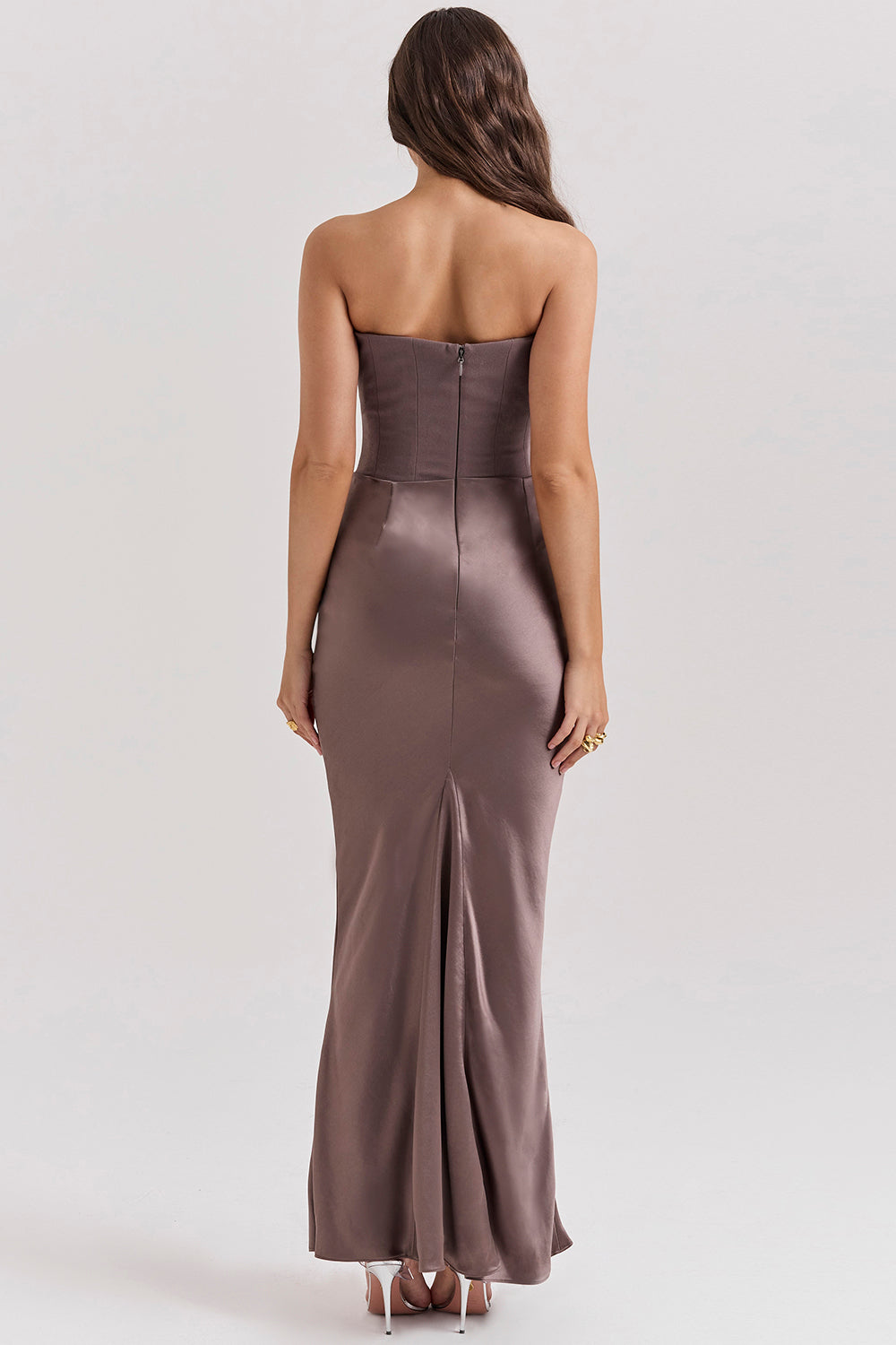 Women’s Strapless Maxi Dress – Satin – Slim Fit – Corset Bodice – Formal Evening Wear