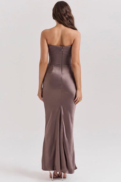 Women’s Strapless Maxi Dress – Satin – Slim Fit – Corset Bodice – Formal Evening Wear