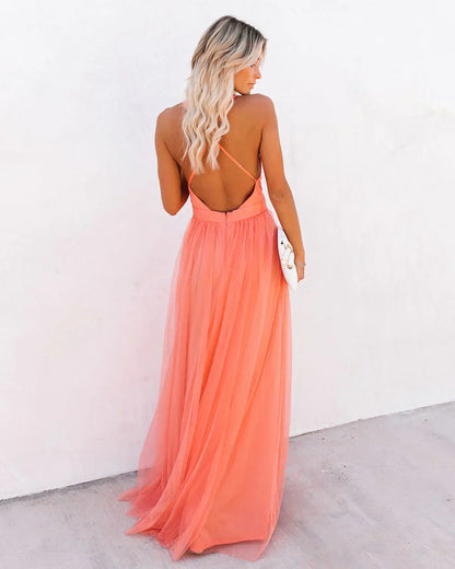 Women’s Long Dress – Chiffon Feel – V-Neck – Spaghetti Straps – Flowing Fit