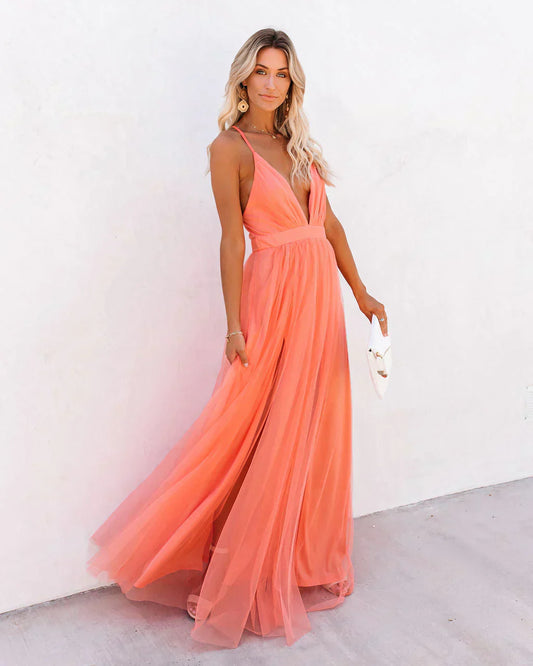 Flowing Chiffon Feel Spaghetti Strap Long Dress