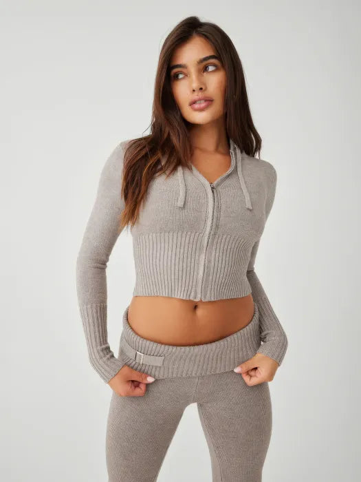 Women's cropped knitted hoodie and high waist trousers set