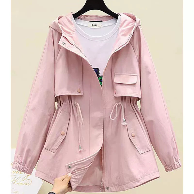 Women's fall hooded trench coat long sleeve drawstring windbreaker
