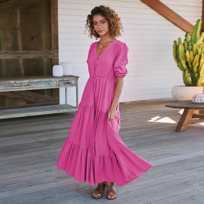 Women's Maxi Dress - V-Neck - Three-Quarter Sleeve - Button Front - Flowy A-Line Fit