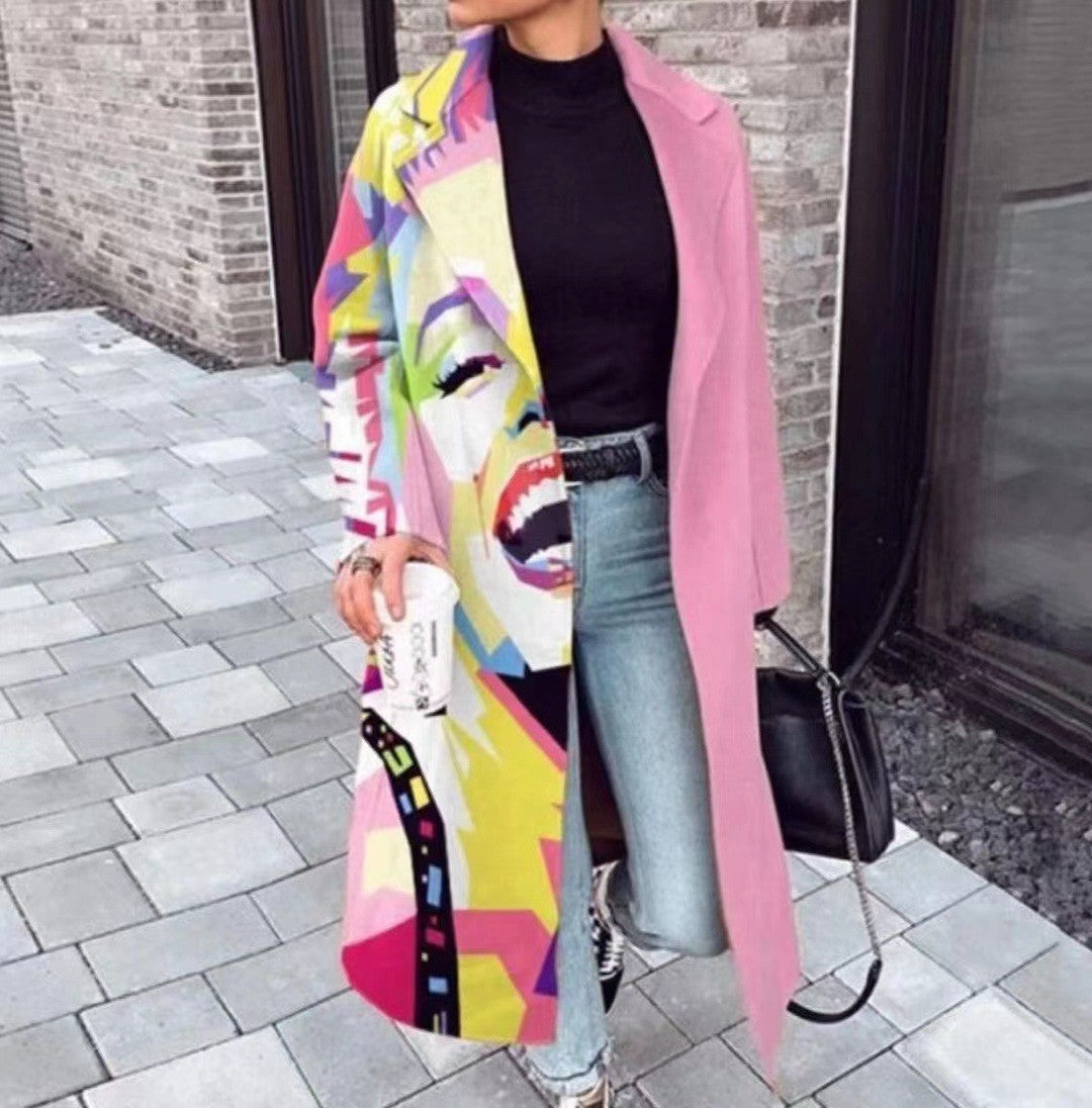 Long color-block trench coat with artistic print for women