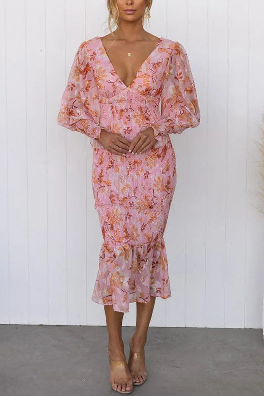 Floral Puff Sleeve Midi Dress