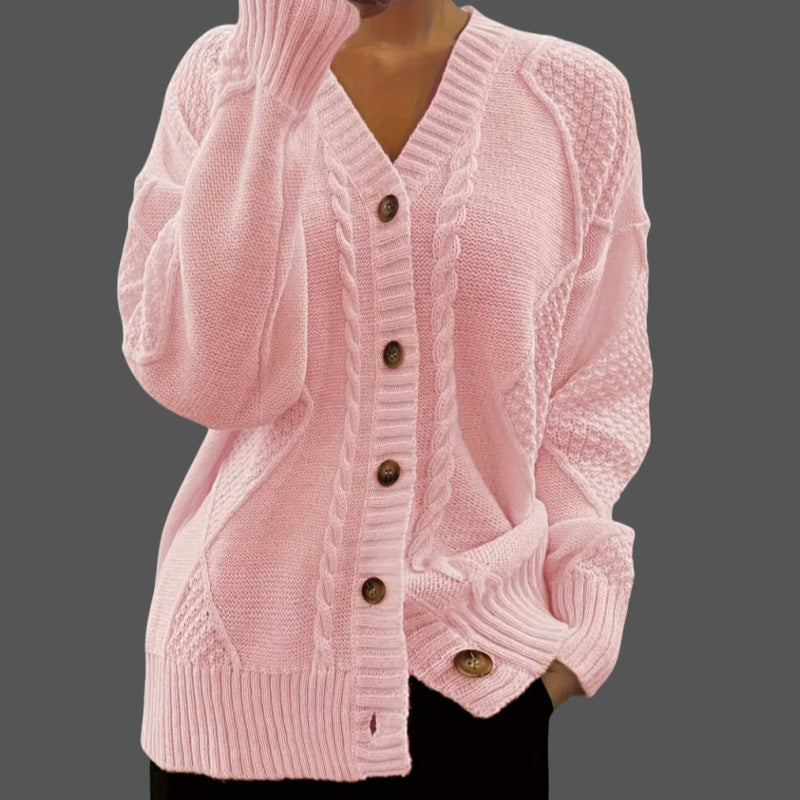 Women’s Knit Cardigan - Relaxed Fit - Cable & Waffle Knit - Button Front V-Neck