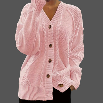 Women’s Knit Cardigan - Relaxed Fit - Cable & Waffle Knit - Button Front V-Neck
