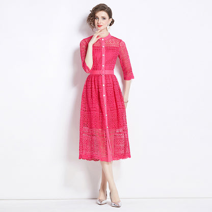 Women's Lace Shirt Dress - Button Down - Three-Quarter Sleeve - Belted Waist