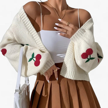 Women's casual cherry embroidered knitted cardigan