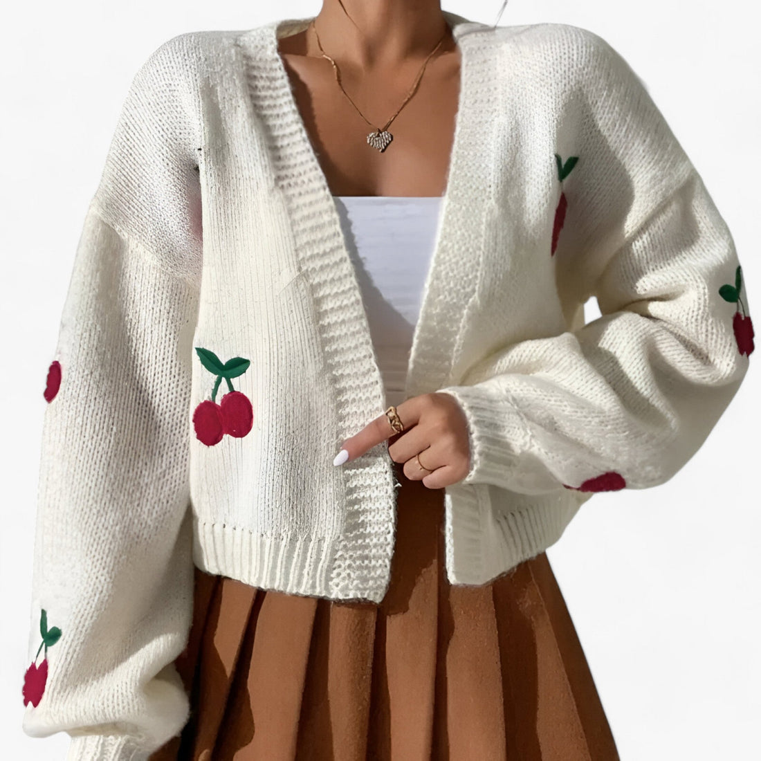 Women's casual cherry embroidered knitted cardigan