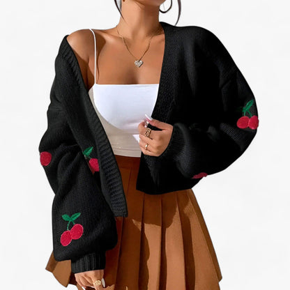 Women's casual cherry embroidered knitted cardigan