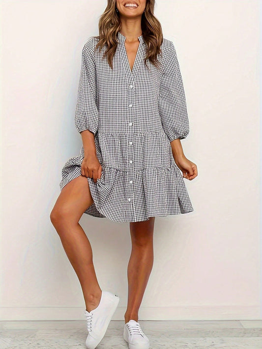 Gingham Tiered A-Line Button Down Dress
