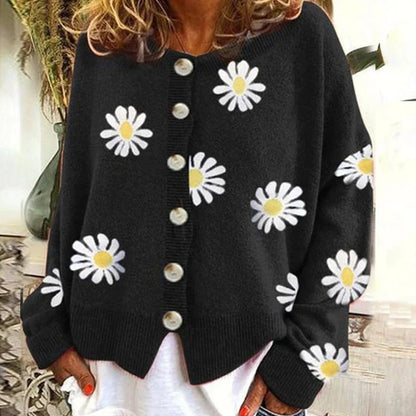 Women’s Cardigan - Knit Button-Down - Ribbed Trim - Embroidered Daisy Detail