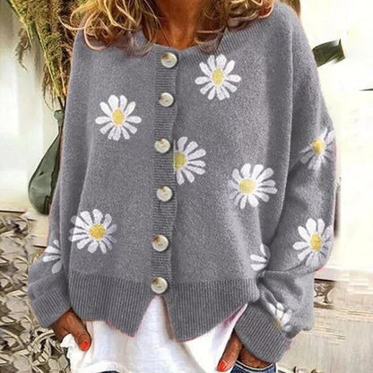 Women’s Cardigan - Knit Button-Down - Ribbed Trim - Embroidered Daisy Detail