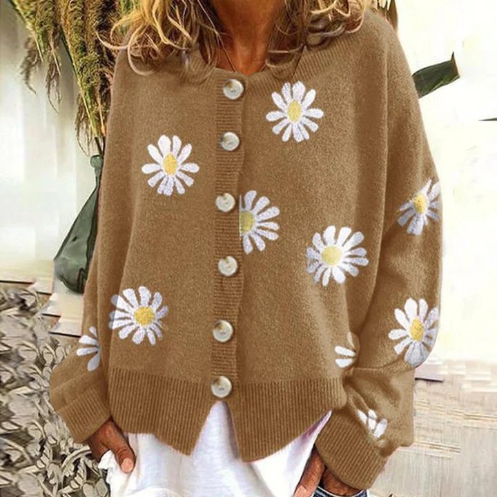 Women’s Cardigan - Knit Button-Down - Ribbed Trim - Embroidered Daisy Detail
