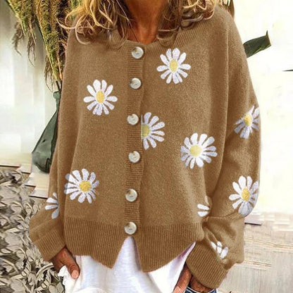 Women’s Cardigan - Knit Button-Down - Ribbed Trim - Embroidered Daisy Detail
