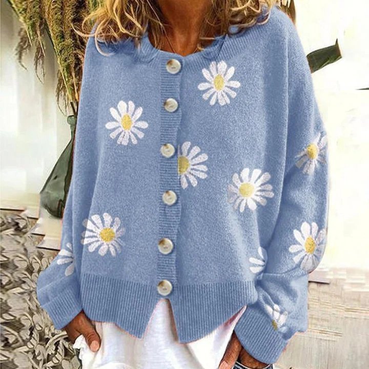 Women’s Cardigan - Knit Button-Down - Ribbed Trim - Embroidered Daisy Detail