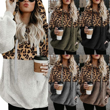 Women's winter leopard print zipper pocket plush sweatshirt