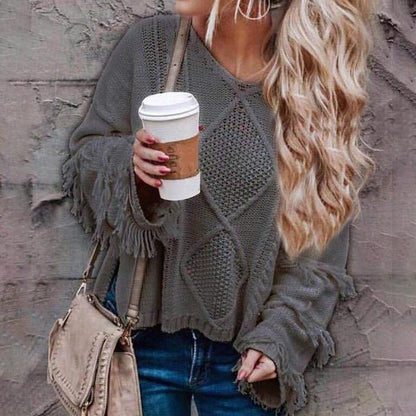 Women's round neck western fringe sweater