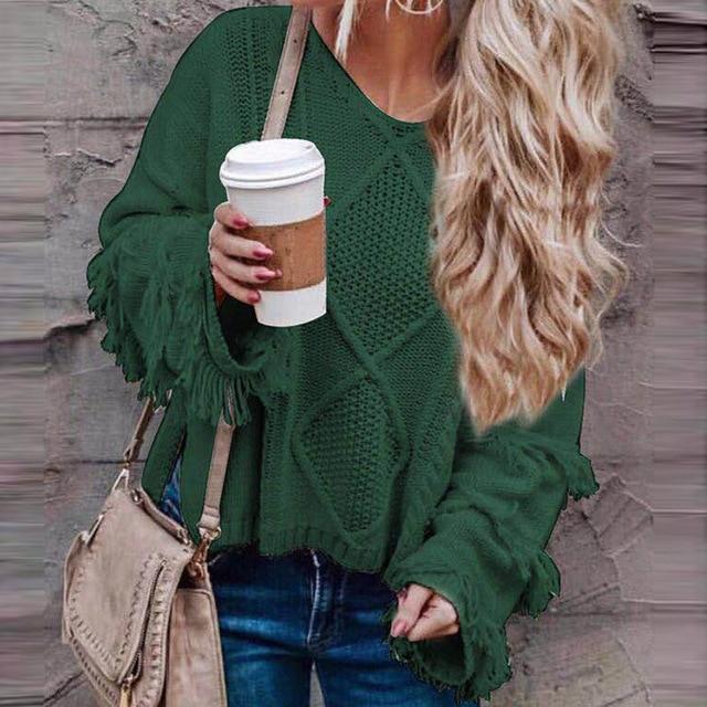 Women's round neck western fringe sweater