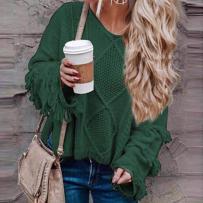 Women's round neck western fringe sweater