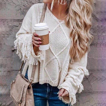 Women's round neck western fringe sweater